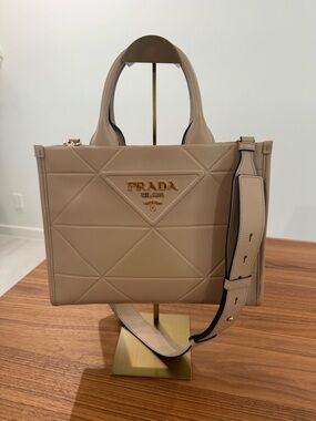 Prada Taupe Leather Quilted Top-Handle Tote with Adjustable Strap